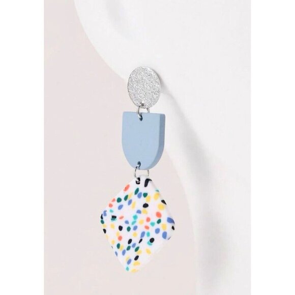 New Blue White Multicolor Dot Geometric Retro 80s Style Matte Earrings - 2.50" - Picture 2 of 5